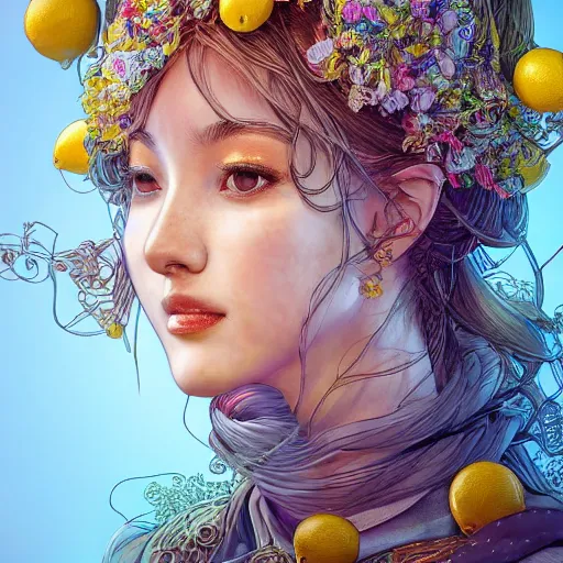 Image similar to the portrait of an absurdly beautiful, graceful, elegant, sophisticated, young idol made up of lemons, an ultrafine hyperdetailed illustration by kim jung gi, irakli nadar, intricate linework, bright colors, octopath traveler, final fantasy, unreal engine 5 highly rendered, global illumination, radiant light, detailed and intricate environment