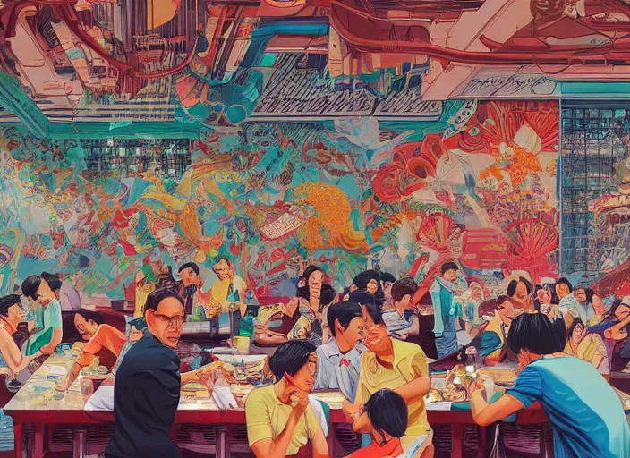 Prompt: Singapore prime ministers in a hawker centre, Tristan Eaton, victo ngai, artgerm, RHADS, ross draws