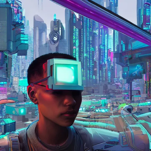 Prompt: in-game screenshot of cyberpunk mixed race boy wearing futuristic headpiece, comic illustration by Josan Gonzalez and Geof Darrow, 3d render, Unreal Engine, octane render, ray tracing, Unity, highly detailed, high quality, HD, 4k, 8k, realistic, sharp, trending