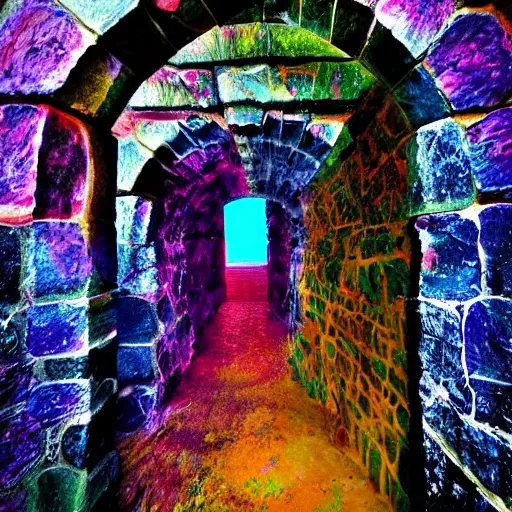 Image similar to Colourful crystals piercing through the walls of a dark gloomy stone cavern 🎨🖌️