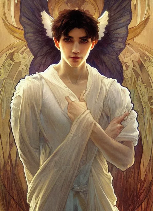 Image similar to digital character concept art by artgerm and greg rutkowski and alphonse mucha. portrait, young fourteen year old boy, like a young god, beautiful, angel wings!, holding a staff, detailed, poster art, light effect, glowing, hyper detail, intricate, elegant, digital painting, artstation, smooth, sharp focus