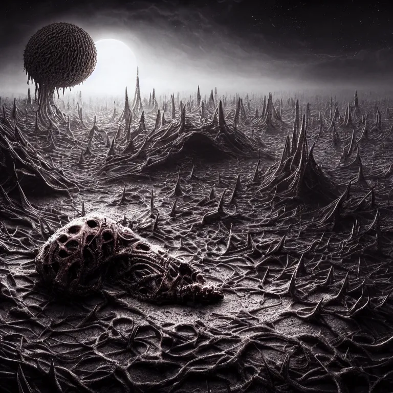 Prompt: ribbed surreal abandoned alien on exoplanet, covered in with spikes, in a desolate empty wasteland, creepy, nightmare, dream-like heavy atmosphere, surreal abandoned buildings, beautiful detailed intricate insanely detailed octane render trending on Artstation, 8K artistic photography, photorealistic, chiaroscuro, Raphael, Caravaggio, Beksinski, Giger