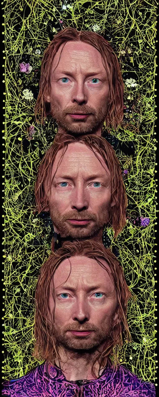 Image similar to disco diffusion portrait of Thom Yorke, hiding in the bushes looking shifty:: cosmic tarot card, intricate fractal details, broken physics, fanciful floral mandelbulb, black paper, style of wes anderson