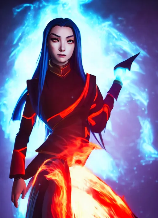 Image similar to azula from avatar the last airbender posing, blue flames, dark atmosphere, cinematic shot, intricate, ornate, photorealistic, ultra detailed, realistic, 1 0 0 mm, photography, octane, high definition, depth of field, realism, 8 k, artstation