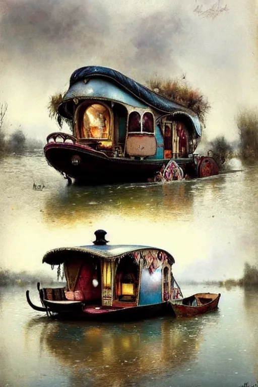 Image similar to (((((1950s fairy tale gypsy house boat floating on a river . muted colors.))))) by Jean-Baptiste Monge !!!!!!!!!!!!!!!!!!!!!!!!!!!