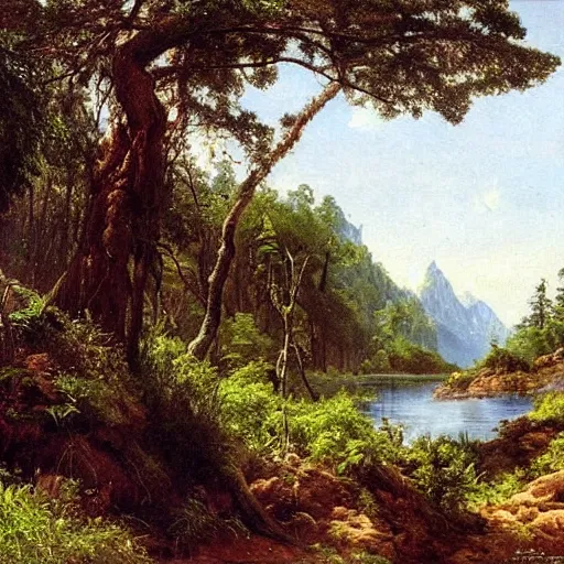 Image similar to painting of a lush natural scene on an alien planet by ivan shishkin. beautiful landscape. weird vegetation. cliffs and water.