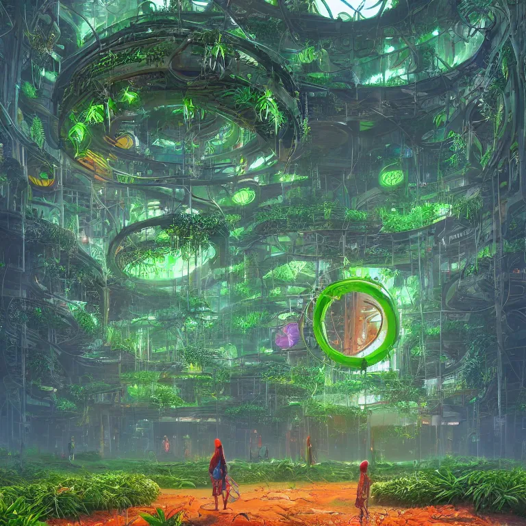 Prompt: a circle portal structure built out of plants, bright cyberpunk, epic surrealism, forest green, orange, lime green, Detailed digital matte painting in the style of simon stalenhag and Greg Hildebrandt artstation