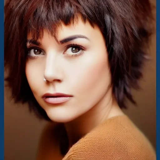 Prompt: beautiful woman with short blue hair, big brown eyes, wearing a brown sweater