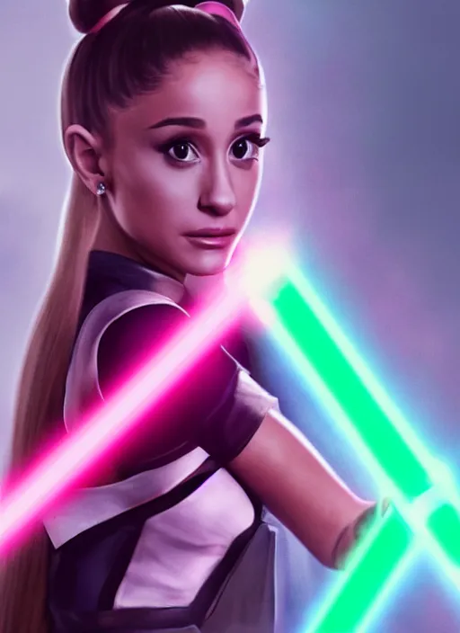 Image similar to Still action photo of Ariana Grande in the Star Wars universe holding two pink lightsabers in each hand. Maximum detail on artstation, photo realism, vivd details, vivd colour, volumetric lighting