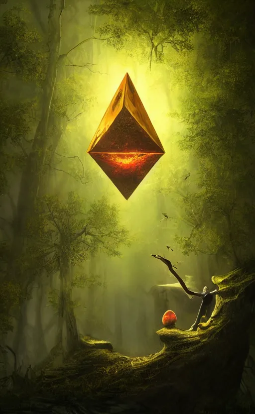 Image similar to dark fantasy photorealistic concept art of bill cipher floating in the middle of a forest with glowing yellow eyes, and pebbles floating in the air, gloomy seen, dynamic lighting, ambient lighting, atmospherical, stunning visuals, creative, cinematic, ultra detailed, trending on art station