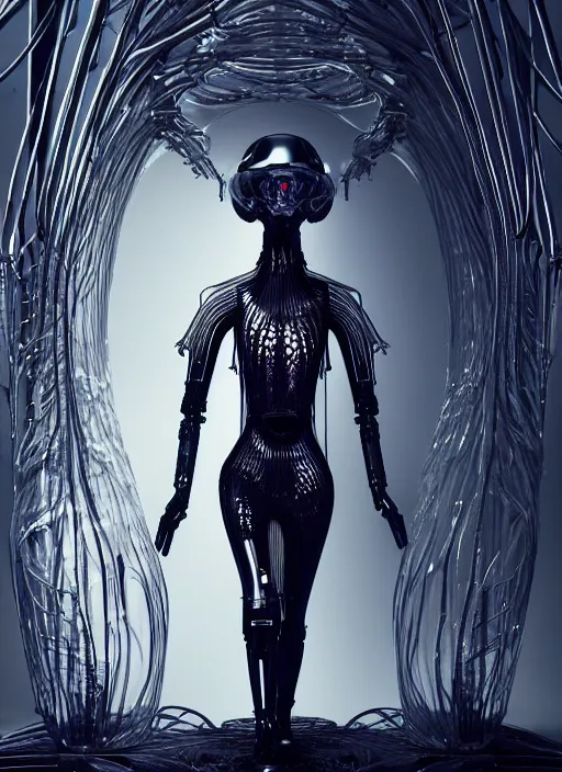 Image similar to catwalk, forest, iris van herpen gothic inflateble dark dress, perfect symmetrical body, helmet on face, full body shot, inflateble shapes, wires, tubes, veins, jellyfish, white biomechanical details, wearing epic bionic cyborg implants, masterpiece, intricate, biopunk, vogue, highly detailed, artstation, concept art, cyberpunk, octane render