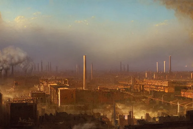 Prompt: large industrial section of a city, lots of smoke, smokestacks, large brick buildings, 1 8 0 0 s, rule of thirds, matte painting, highly detailed, cinematic lighting, by albert bierstadt, frederic edwin church