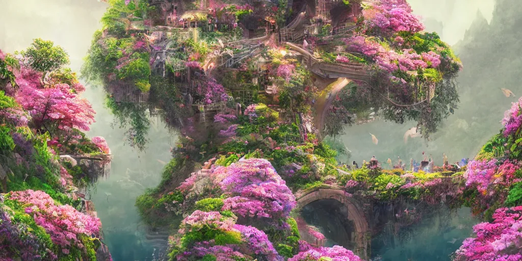 Image similar to a beautiful nature civilization, fancy, flowers, bridges, nature city, people, tree houses, trending on artstation, behance, deviantart