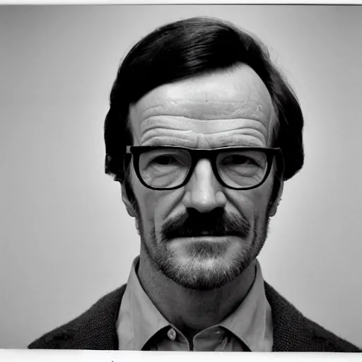 Prompt: 1970s of Mugshot Portrait of Bryan Cranston with glasses and no beard, dressed in 1970s menswear, taken in the 1970s, photo taken on a 1970s polaroid camera, grainy, real life, hyperrealistic, ultra realistic, realistic, highly detailed, epic, HD quality, 8k resolution, body and headshot, film still, front facing, front view, headshot and bodyshot, detailed face, very detailed face
