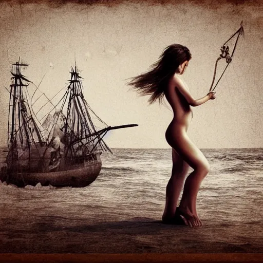 Image similar to !dream A beautiful woman warrior, faded background of a pirate ship at a deserted island, realism drawing