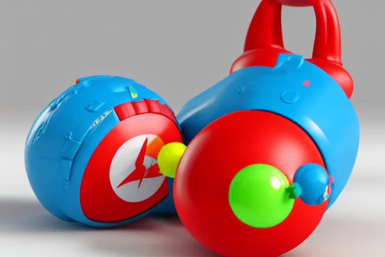 Image similar to product photo of toy nuclear bomb made by fisher price, colorful plastic, high quality, intricate detail, realistic textures, octane render, unreal engine 5, hyperrealism