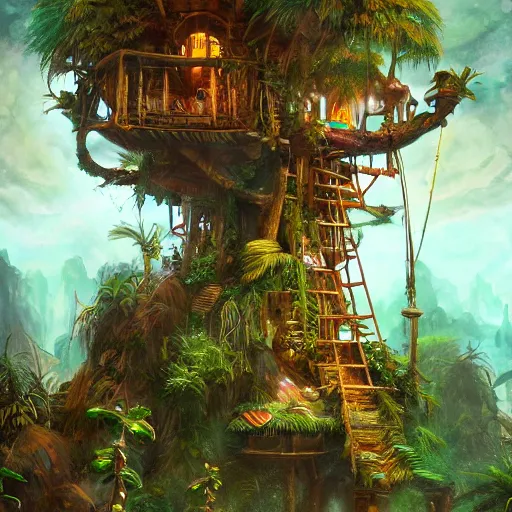 Image similar to tikipunk treehouse, fantasy oil painting, fine art, cinematic lighting, hyperdetailed, 8k, high resolution, insanely detailed and intricate, trending on artstation, octane render