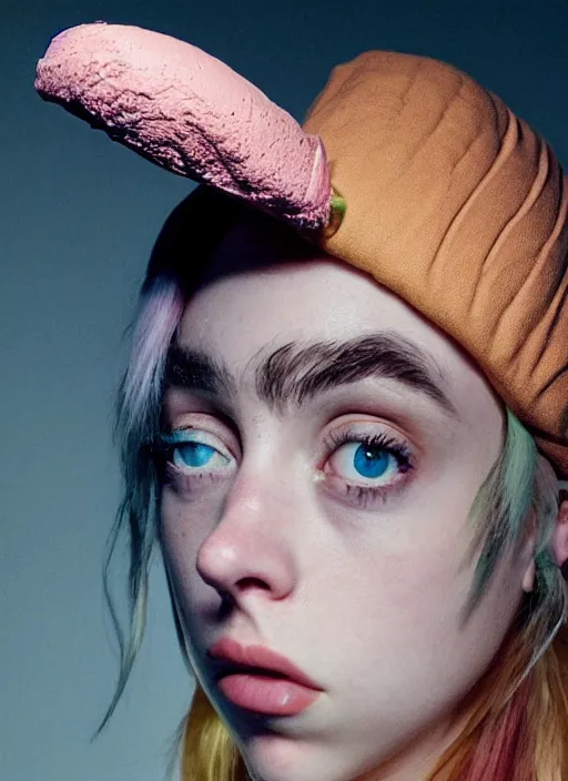 Image similar to a hyper realistic render of billie eilish wearing a melting ice cream cone as a hat, au naturel