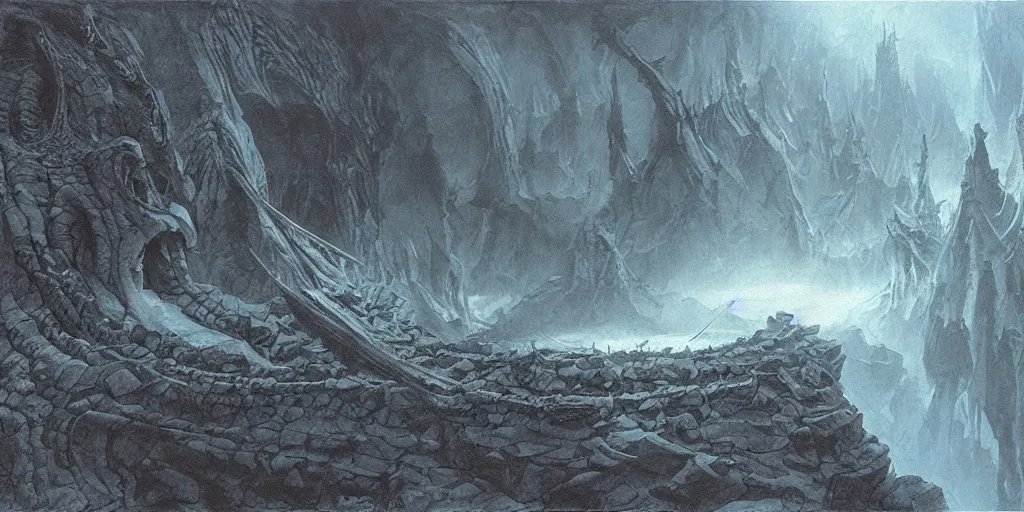 Prompt: artwork by john howe of the ruthless leviathan, cavern, 8 k, centered, highly detailed