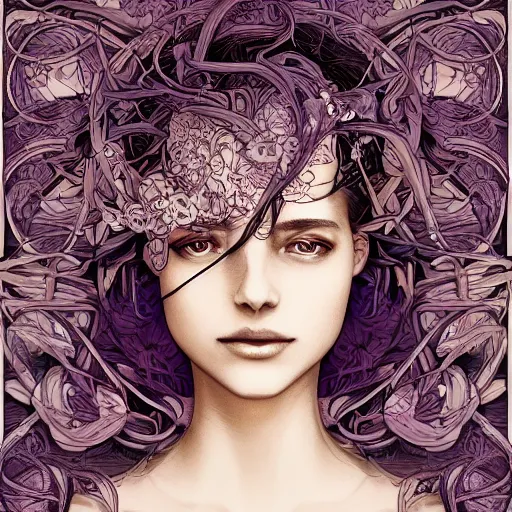 Image similar to the portrait of an incredibly beautiful and elegant woman made of potatoes roots and violets, an ultrafine detailed illustration by james jean, final fantasy, intricate linework, bright colors, behance contest winner, vanitas, angular, altermodern, unreal engine 5 highly rendered, global illumination, radiant light, detailed and intricate environment