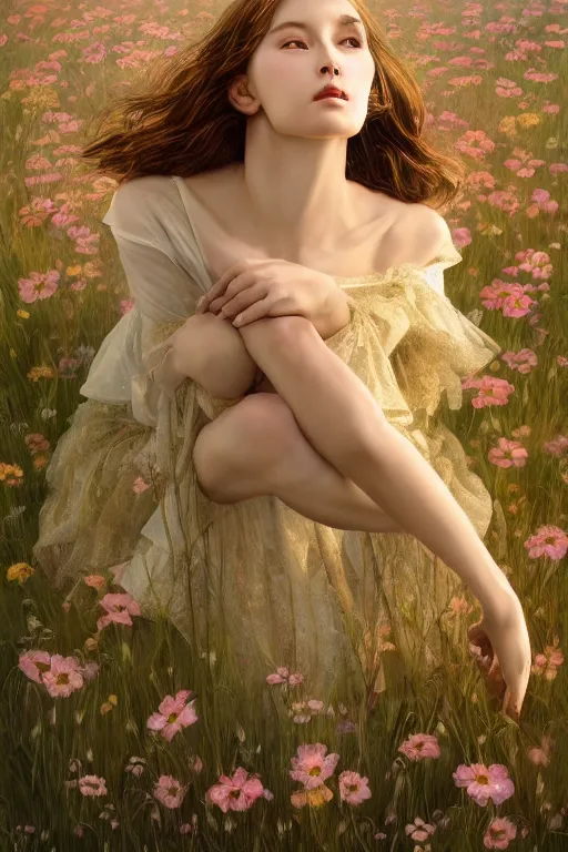 Image similar to stunningly beautiful, prima ballerina in flowery meadow, symmetrical face, golden hour, smooth, focus, highly detailed, hyper realistic, dramatic lighting, elegant, intricate, concept art, art by wlop, mars ravelo, greg rutowski, artstation