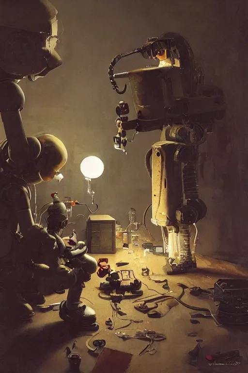 Prompt: a boy fixing his robot, part by Norman Rockwell, part by Greg Rutkowski , part by Mattias Adolfsson, high angle, !!volumetric lighting!!, oil on canvas