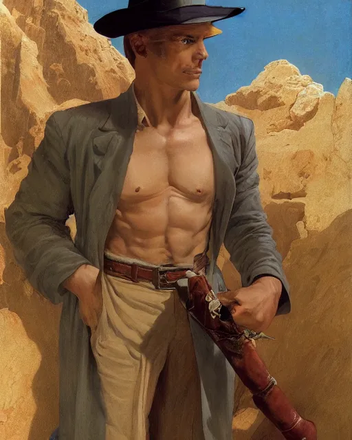 Prompt: doc savage in an egyptian tomb wearing jodhpers and knee high boots and no hat, fantasy character portrait, ultra realistic, concept art, intricate details, highly detailed by soft light, volumetric light, misty, william adolphe bouguereau, munch, maxfield parrish, james bama, and frank frazetta