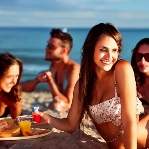 Image similar to beautiful woman on a beach having a party with friends,