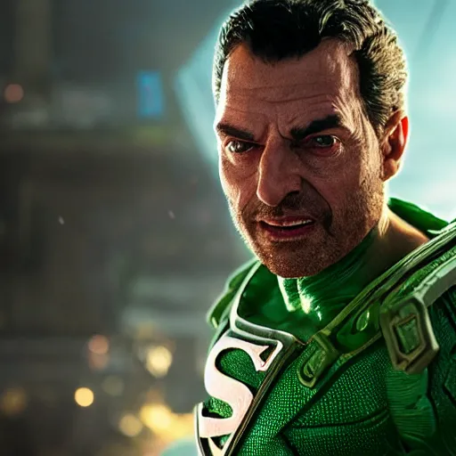 Image similar to pickle rick as superman! in gears of war, splash art, movie still, detailed face, photorealistic facial features, cinematic lighting, dramatic, octane render, long lens, shallow depth of field, bokeh, anamorphic lens flare, 8 k, hyper detailed, 3 5 mm film grain