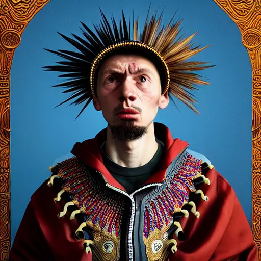 Image similar to Colour Caravaggio style Photography of Highly detailed brutal Gopnik with 1000 years perfect face and wearing detailed Ukrainian folk costume designed by Taras Shevchenko also wearing highly detailed retrofuturistic sci-fi Neural interface designed by Josan Gonzalez. Many details In style of Josan Gonzalez and Mike Winkelmann and andgreg rutkowski and alphonse muchaand and Caspar David Friedrich and Stephen Hickman and James Gurney and Hiromasa Ogura. Rendered in Blender and Octane Render volumetric natural light