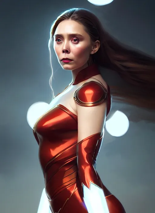 Image similar to portrait of modern darna, elizabeth olsen, intricate, elegant, glowing lights, highly detailed, digital painting, artstation, glamor pose, concept art, smooth, sharp focus, illustration, art by wlop, mars ravelo and greg rutkowski