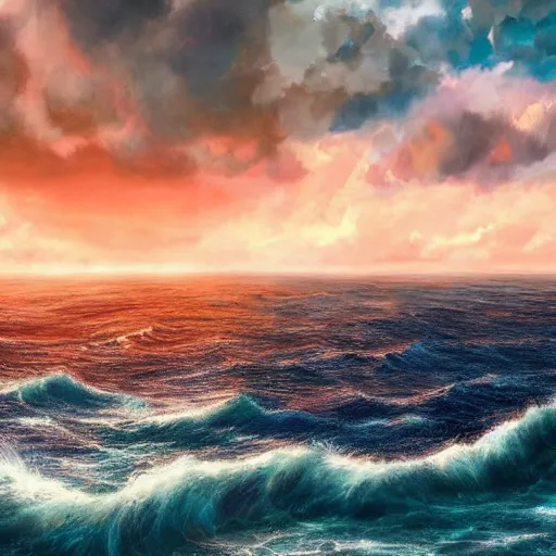 Prompt: An tumultuous ocean!!!!! stretching as far as the eye can see, with overhead cloudy!!!!! skies, photorealistic imagery, sunset atmosphere, beautiful!!!!! and gloomy art style, trending on arstation, 4k, 8k