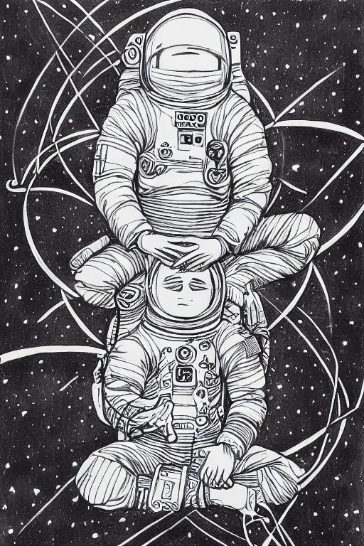 Prompt: 'meditating astronaut by Aaron Horkey, photorealism, line-drawing, black ink on white paper'