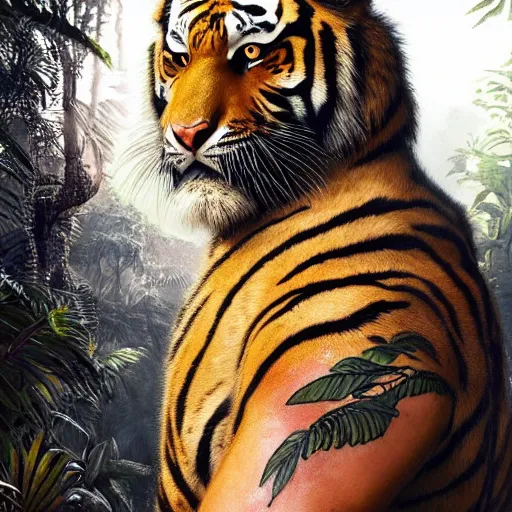 Image similar to a very high detailed tiger face on a strong human body, wearing a very detailed golden kings crow, tattoo on shoulder, standing in a highly detailed jungle, hyperrealistic, greg rutkowski, Nikolai Karelin, Hou China, trending artstation