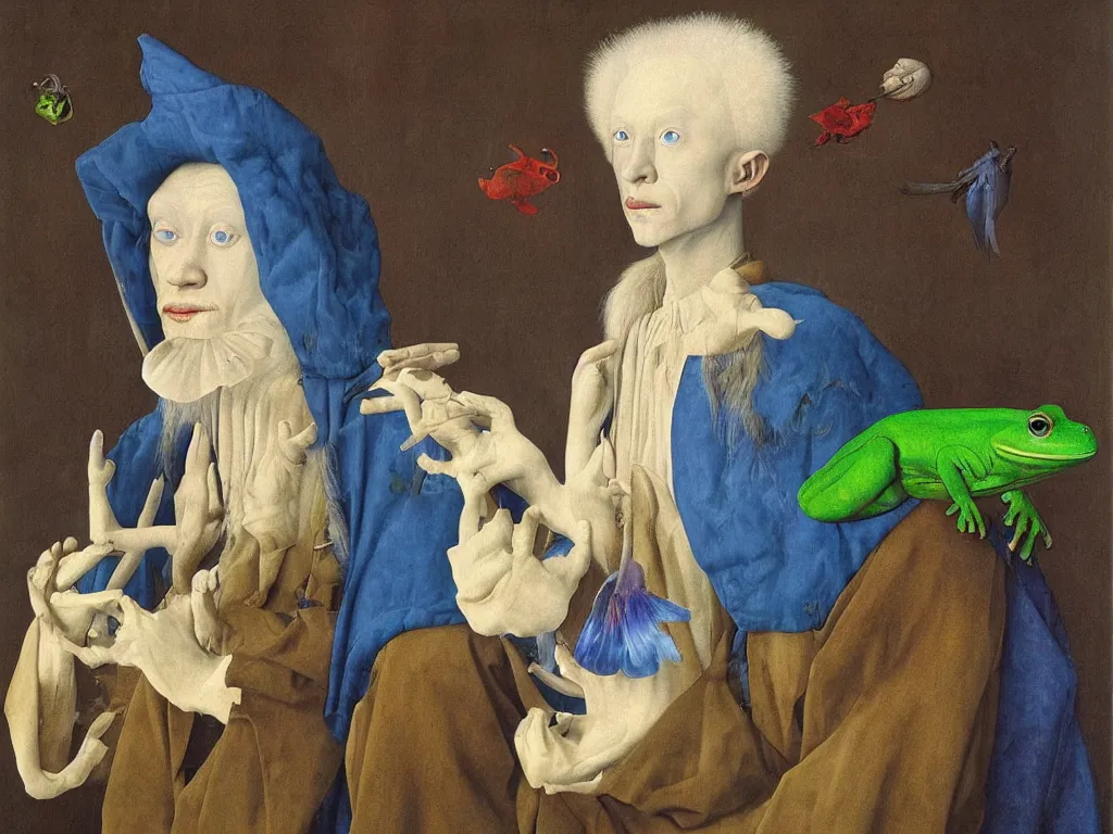 Image similar to Portrait of albino mystic with blue eyes, with beautiful exotic melancholy frog. Painting by Jan van Eyck, Audubon, Rene Magritte, Agnes Pelton, Max Ernst, Walton Ford