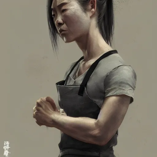 Image similar to portrait of a short muscular Japanese woman with a short ponytail wearing a gray t shirt and a work apron, dramatic lighting, illustration by Greg rutkowski, yoji shinkawa, 4k, digital art, concept art, trending on artstation