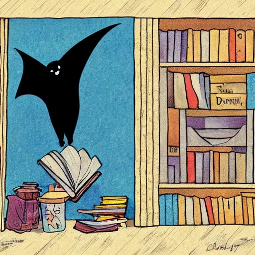 Prompt: a bat who solves crimes, whimsical storybook illustration