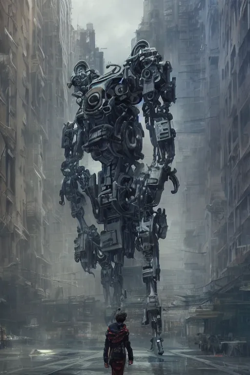 Image similar to a mech robot holding in his hand a lost child in the city, diffuse lighting, strong imagery, highly detailed, by Greg Rutkowski, Sung Choi, Johnson Ting, Maxim Verehin, Peter Konig, final fantasy, Marco lense, photorealistic 8k, cinematic lighting, HD, high detail, atmospheric, trending on artstation