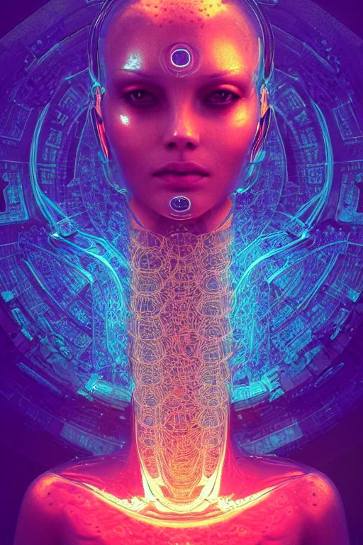 Image similar to a centered render of an ancient futuristic machine with digital modifications surrounded by a underwater ink pour and flowing liquid gallium and complex sacred geometry, perfect body and face, powerful, cinematic, beautifully lit, by beeple, by artgerm, by karol bak, 3 d, trending on artstation, octane render, 8 k