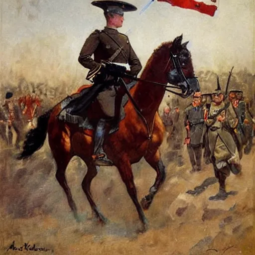 Image similar to action heroine leading a ww 1 army, by alfred stevens