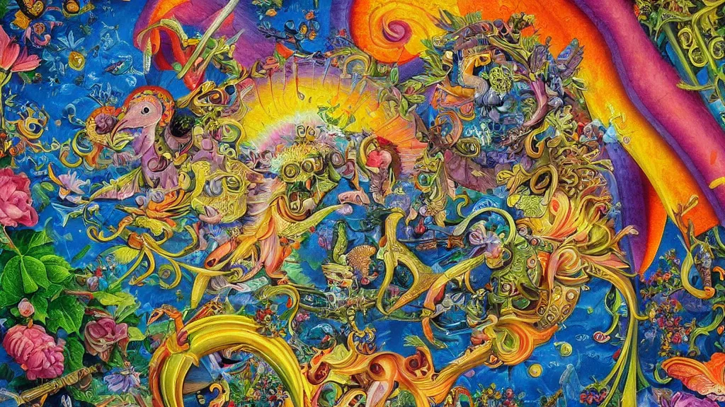 Image similar to an incredibly detailed masterpiece collaborative painting by bosch and lisa frank, ornate, detailed, high resolution, wow!, intricate