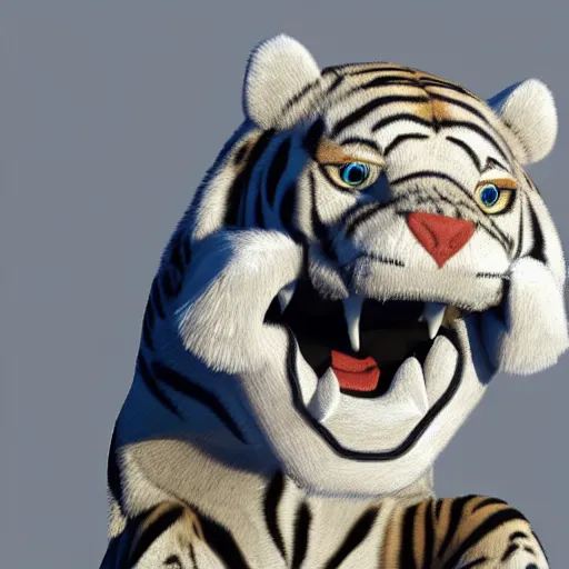 Image similar to anthropomorphized sabertooth tiger, 3d render, flat gray fur, polygon shapes