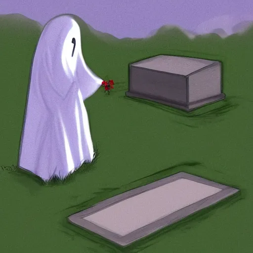 Image similar to a ghost visiting its own grave, digital art