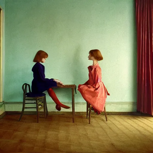 Image similar to twins in an soviet golden liminal abandoned room, film still by wes anderson, depicted by balthus, limited color palette, very intricate, art nouveau, highly detailed, lights by hopper, soft pastel colors