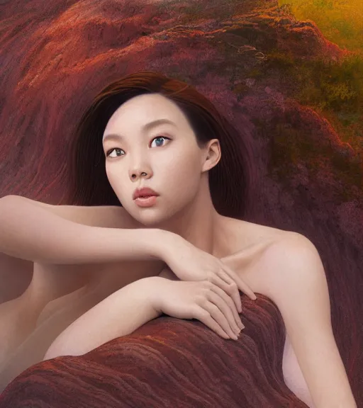 Image similar to close-up Lalisa Manobal bathing on Diamond Head volcano, thermal lava flowing down dark travertine terraces, intricate, elegant, luxurious, digital painting, concept art, smooth, sharp focus, from Star Trek 2021, illustration, by WLOP and Ruan Jia and Mandy Jurgens and William-Adolphe Bouguereau, Artgerm