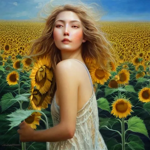 Prompt: a girl slowly walking through amazing tall sunflower field, hair flowing, early morning lighting, elegant, subtle, intricate details, face!, real masterpiece, oil on canvas, by karol bak, ayami kojima, artgerm, smile, concept art, fantasy