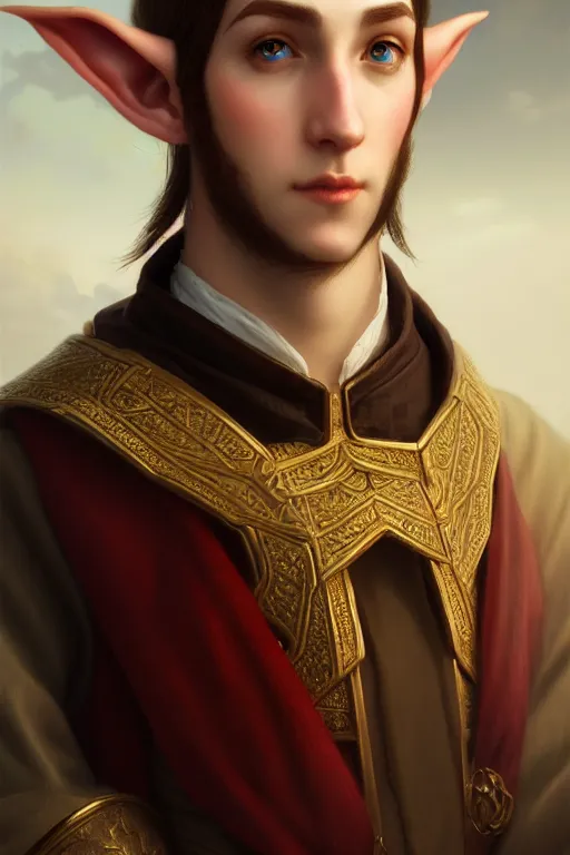 Prompt: a portrait of male Elf, illustration, soft lighting, soft details, painting oil on canvas by Edmund Blair Leighton and Charlie Bowater octane render trending on artstation d&d characters, 4k, 8k, HD