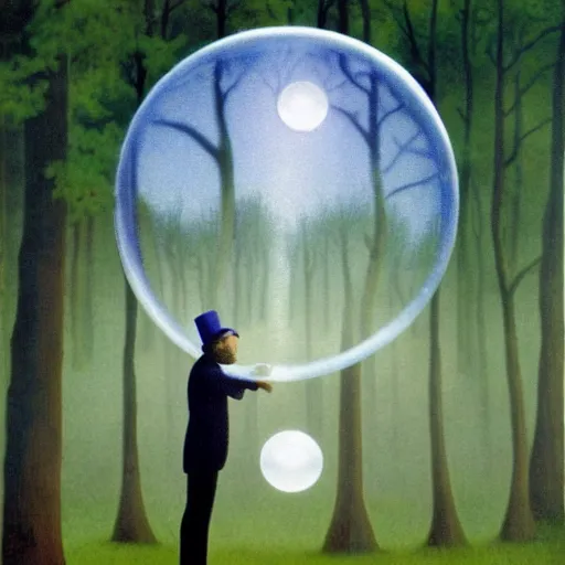 Prompt: an old wizard trapped inside a floating soap bubble among the trees, ethereal, fantasy, style of rene magritte, dramatic lighting