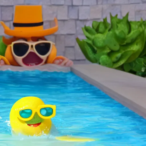 Prompt: a claymation lemon lemon lemon wearing sunglasses playing in the pool