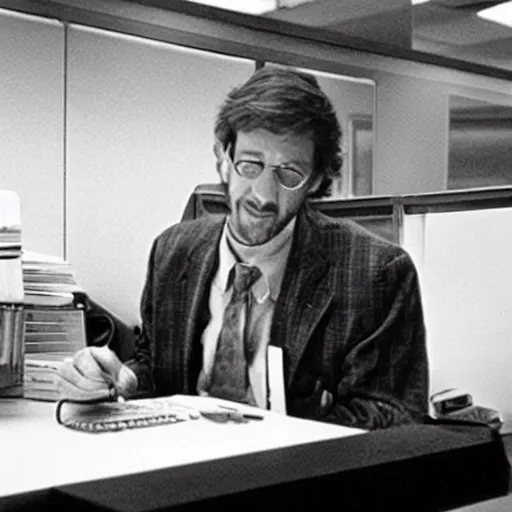 Image similar to spielberg's e.t. Working as an accountant in an office cubicle